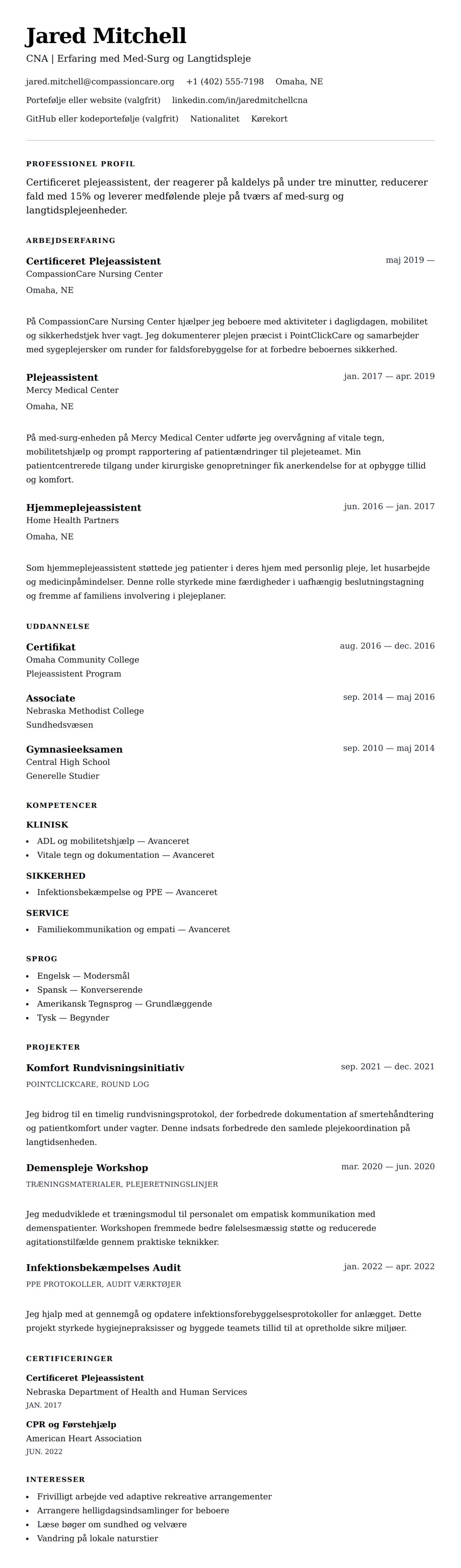 CV-forhåndsvisning for Certificeret Plejeassistent (CNA) CV Eksempel