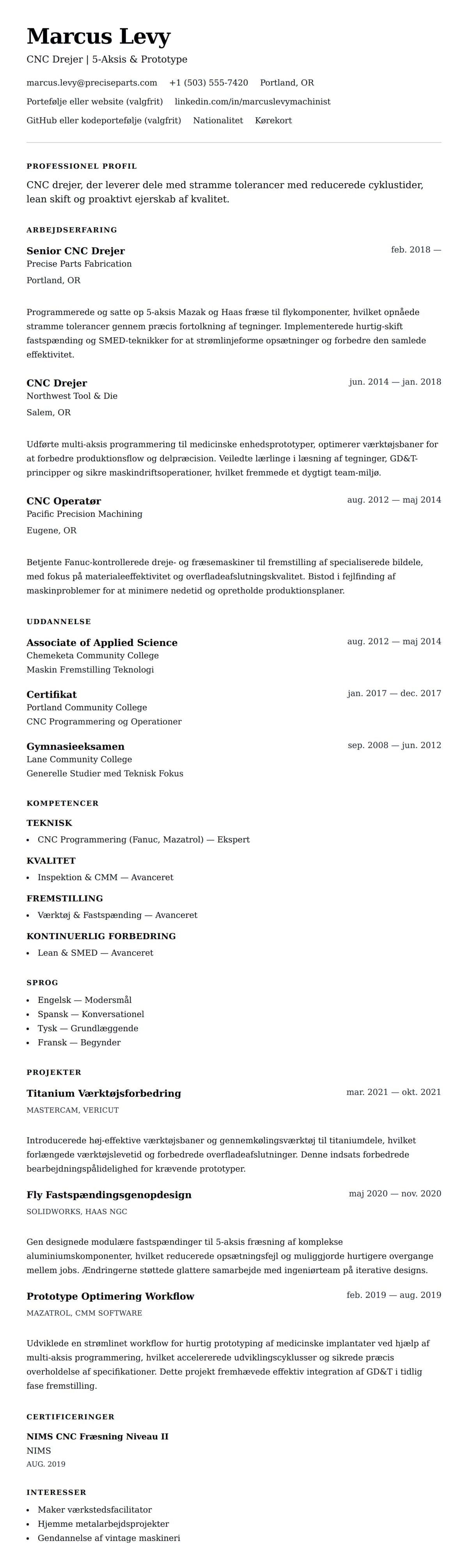 CV-forhåndsvisning for CNC Drejer CV Eksempel