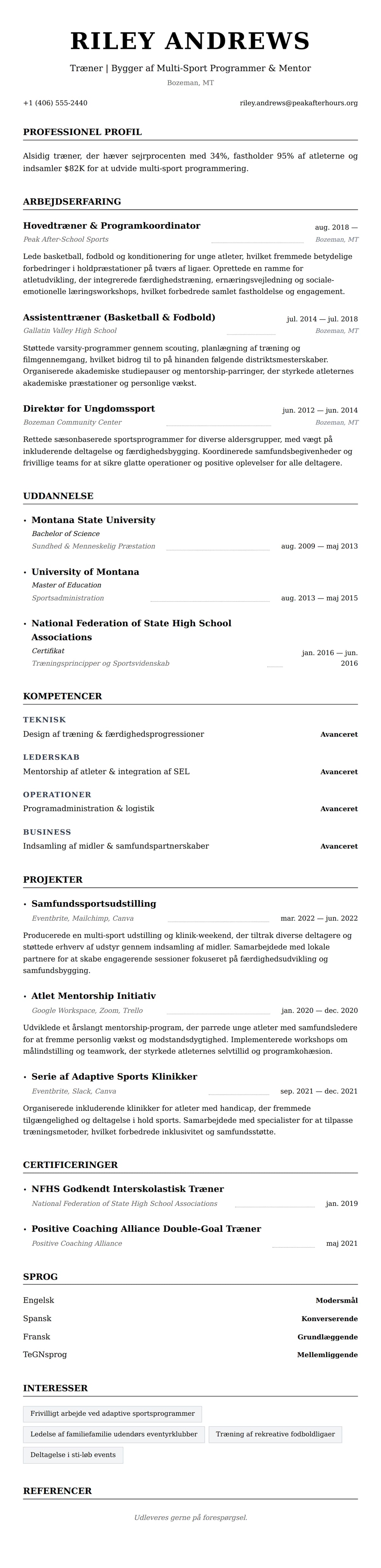 CV-forhåndsvisning for Træner CV Eksempel