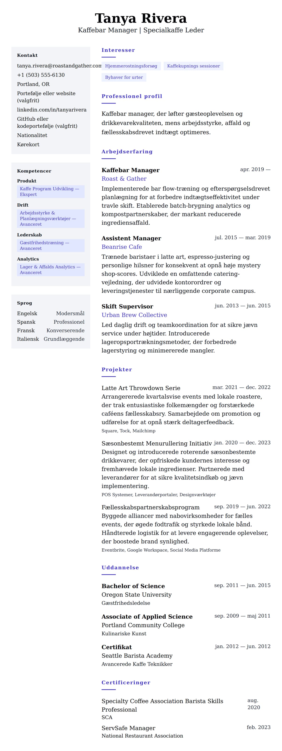 CV-forhåndsvisning for Kaffebar Manager CV Eksempel