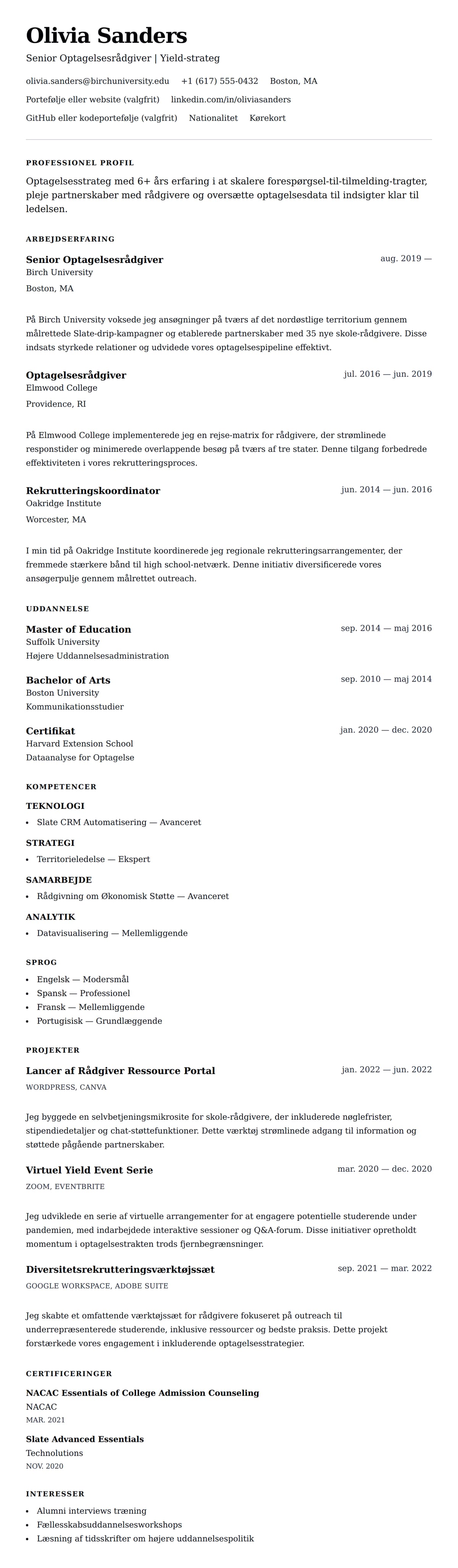 CV-forhåndsvisning for College Admissions Counselor CV Eksempel