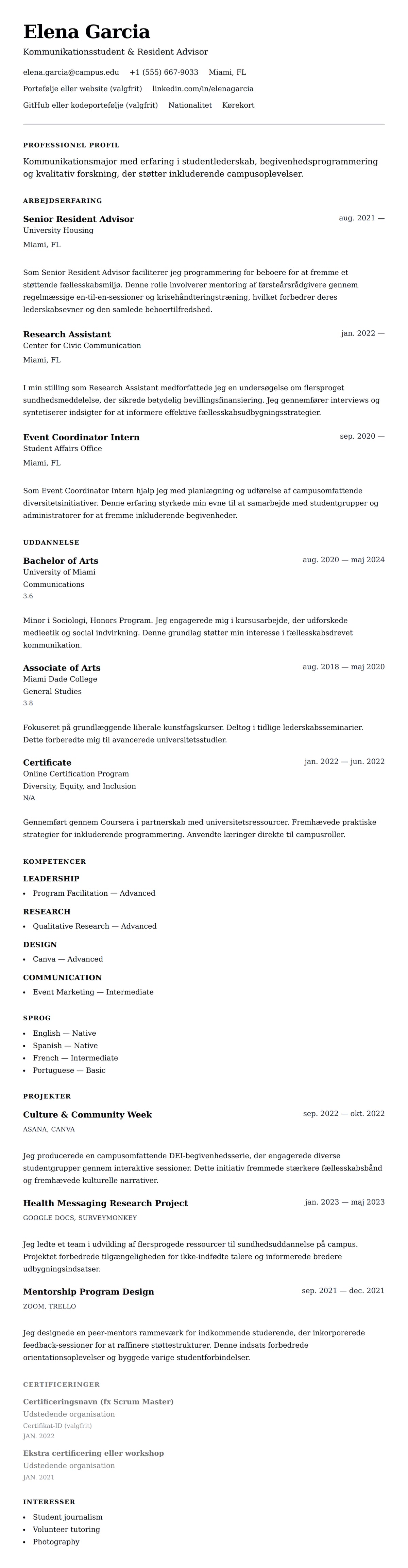CV-forhåndsvisning for College Student CV Eksempel