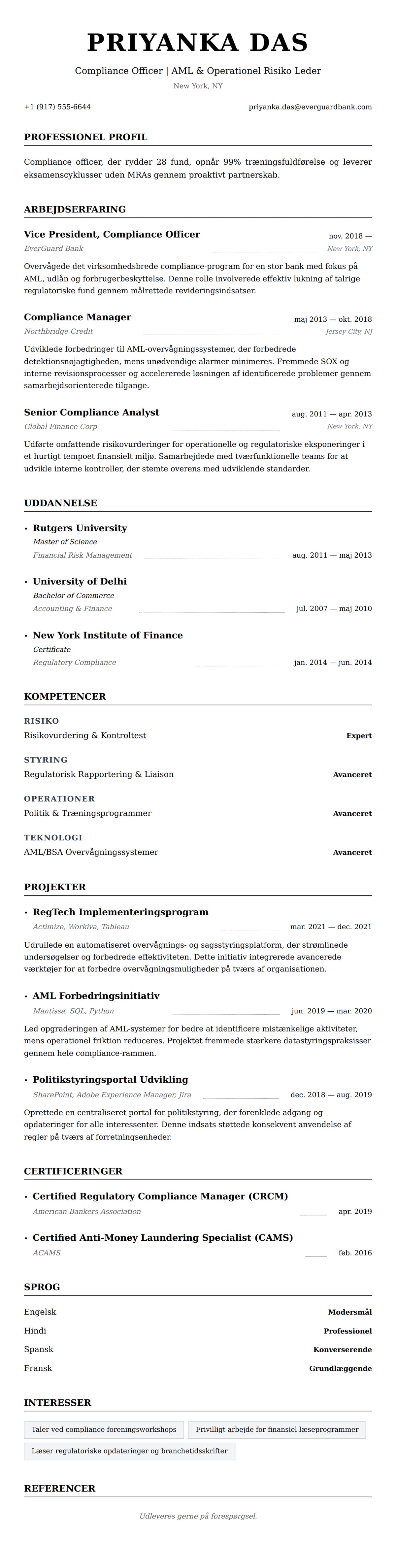 CV-forhåndsvisning for Compliance Officer CV Eksempel