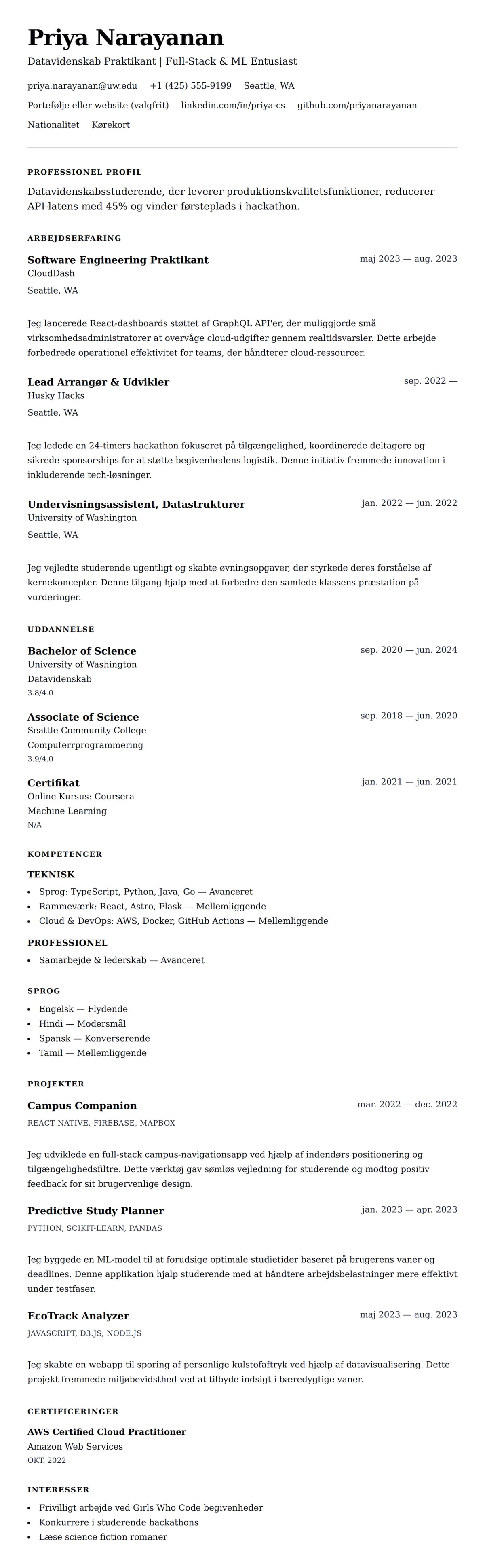 CV-forhåndsvisning for Datavidenskab Praktik CV Eksempel