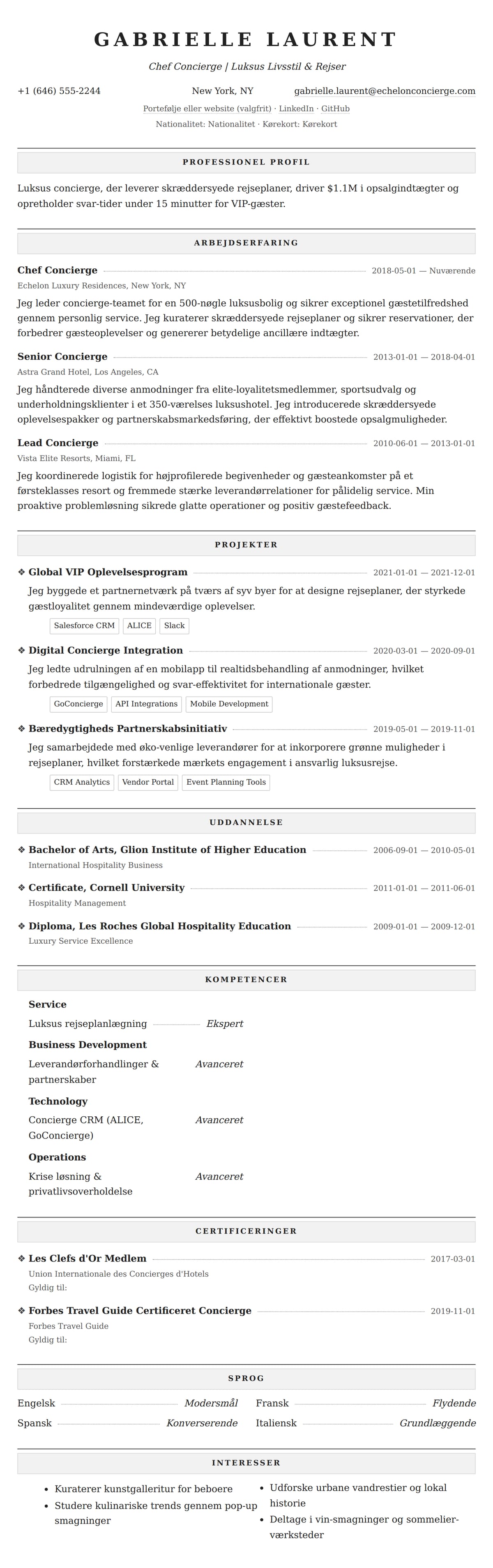 CV-forhåndsvisning for Concierge CV Eksempel