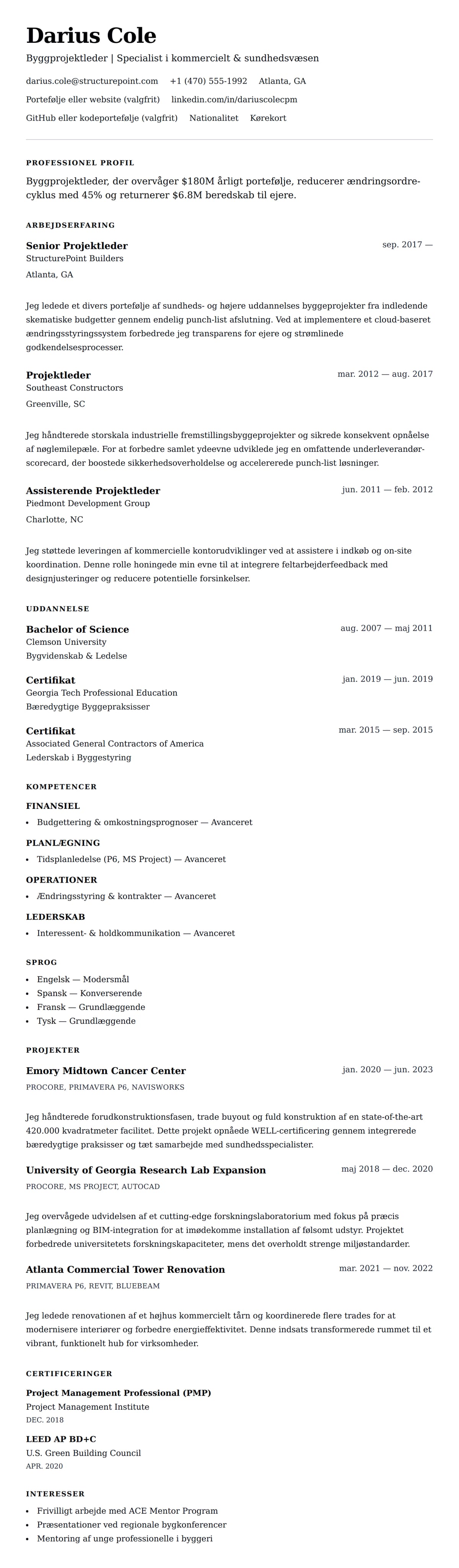 CV-forhåndsvisning for Byggprojektleder CV-eksempel