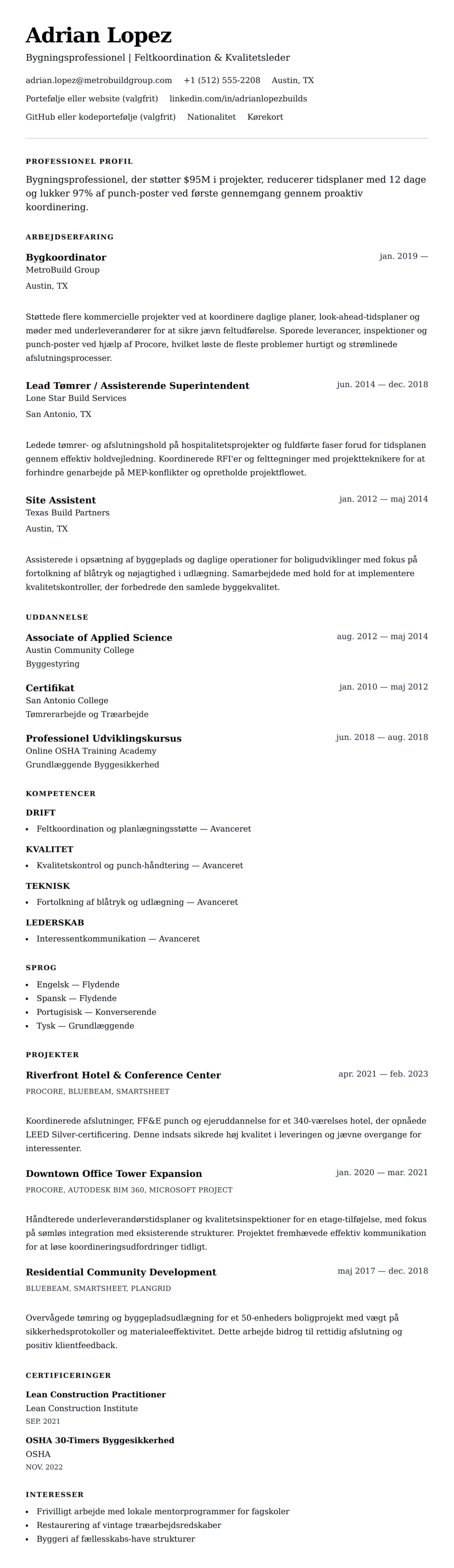 CV-forhåndsvisning for Bygningsprofessionel CV-eksempel