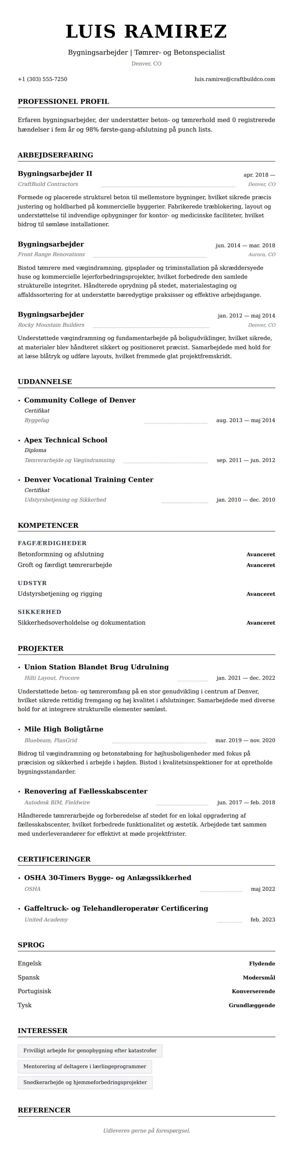 CV-forhåndsvisning for Bygningsarbejder CV Eksempel