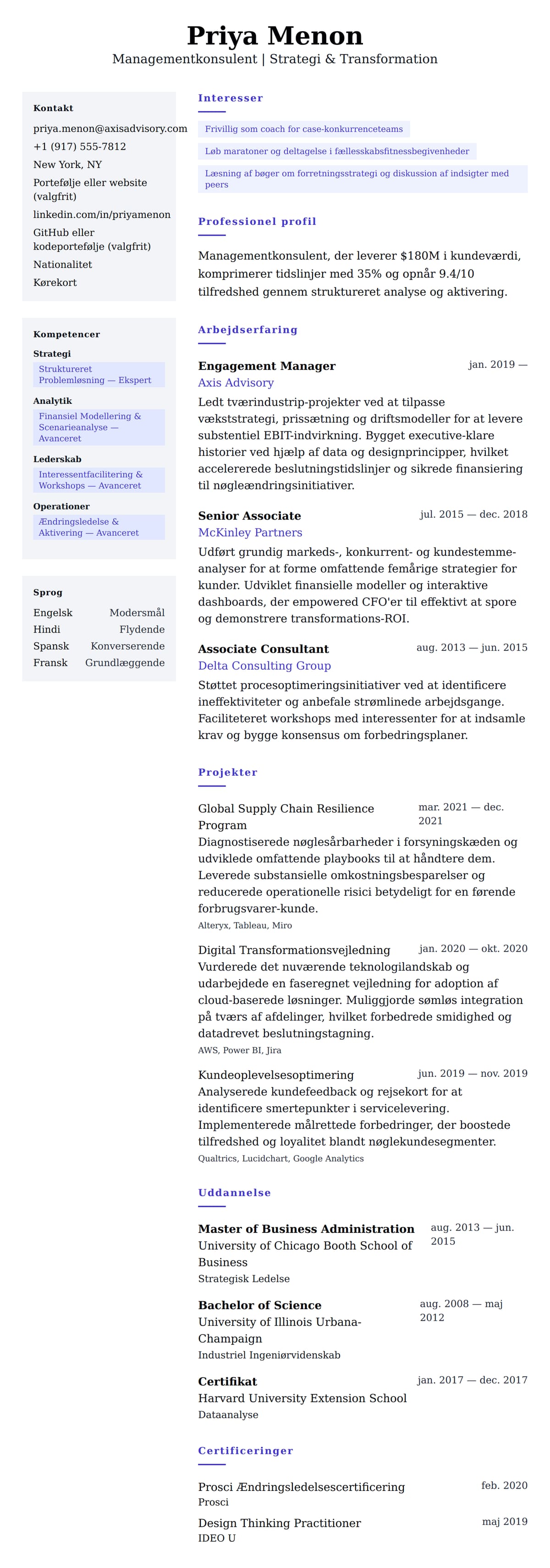 CV-forhåndsvisning for Eksempel på CV for Managementkonsulent