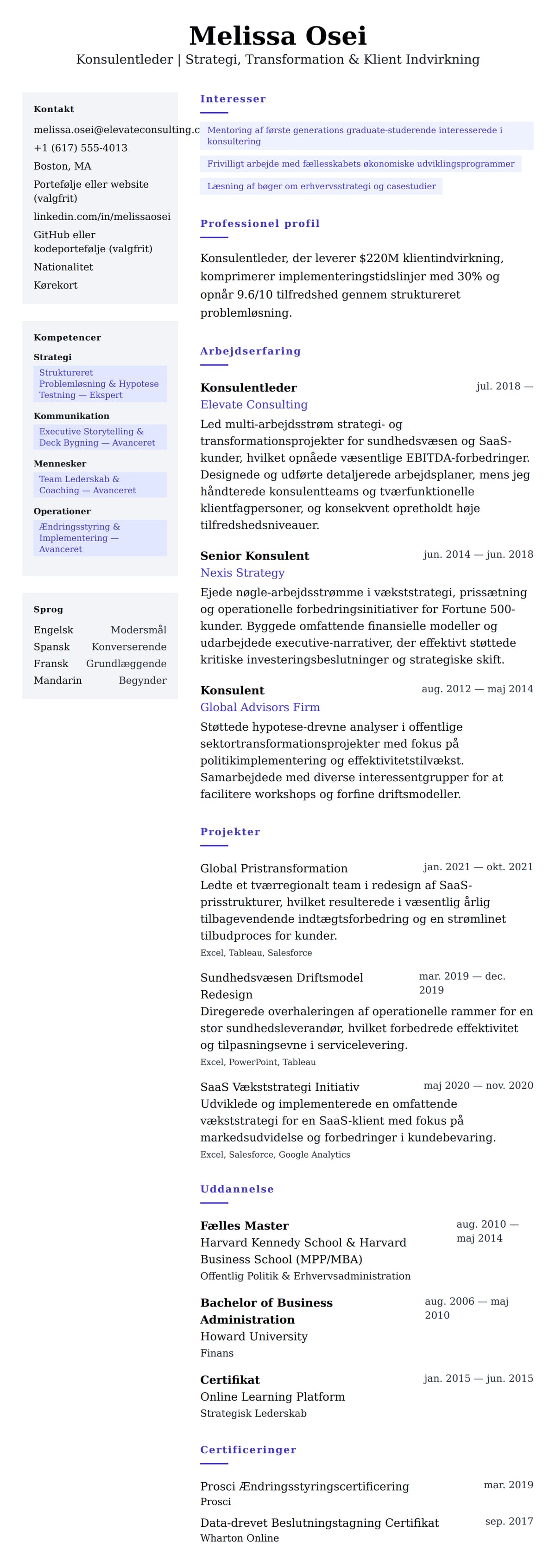 CV-forhåndsvisning for Eksempel på CV for konsulentleder