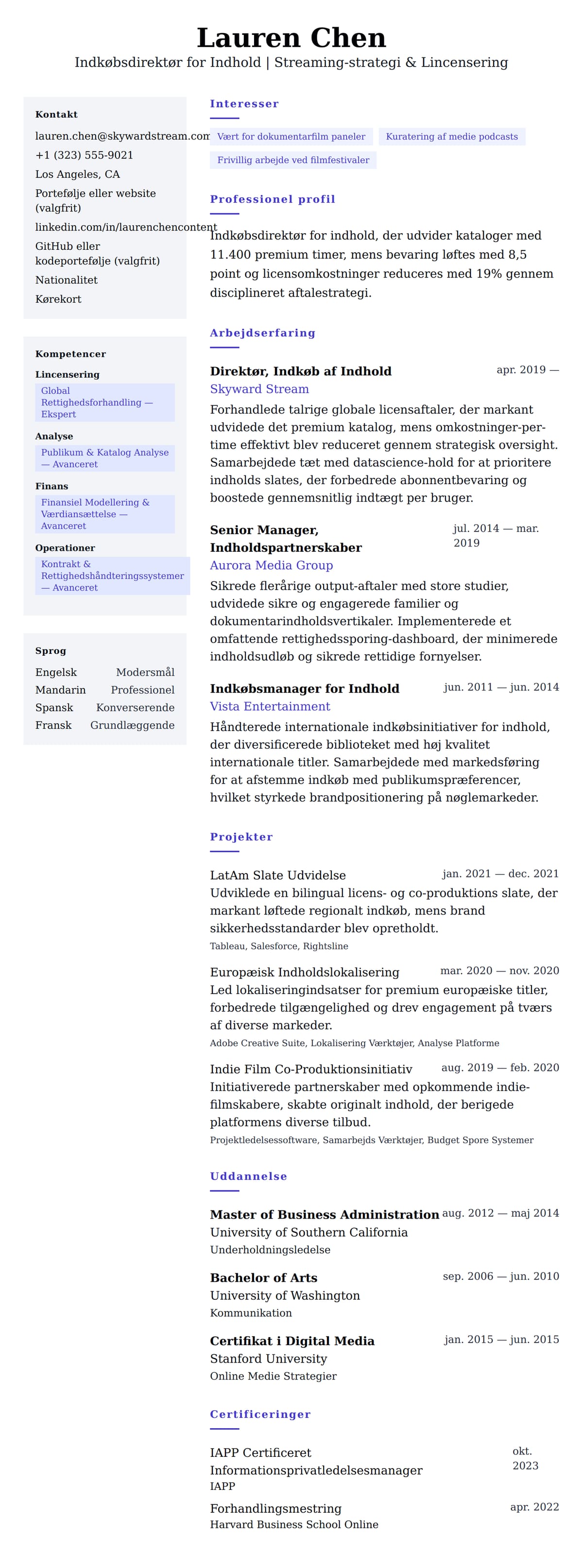 CV-forhåndsvisning for Eksempel på CV for Indkøbsdirektør for Indhold
