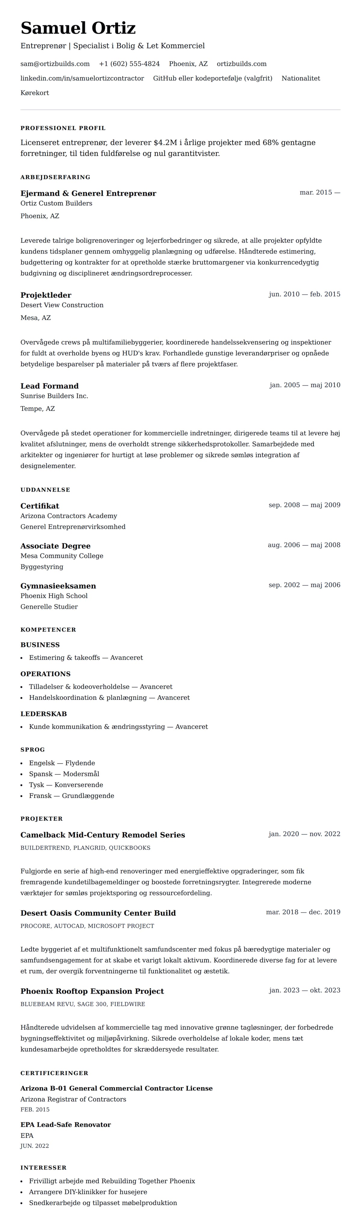 CV-forhåndsvisning for Entreprenør CV Eksempel