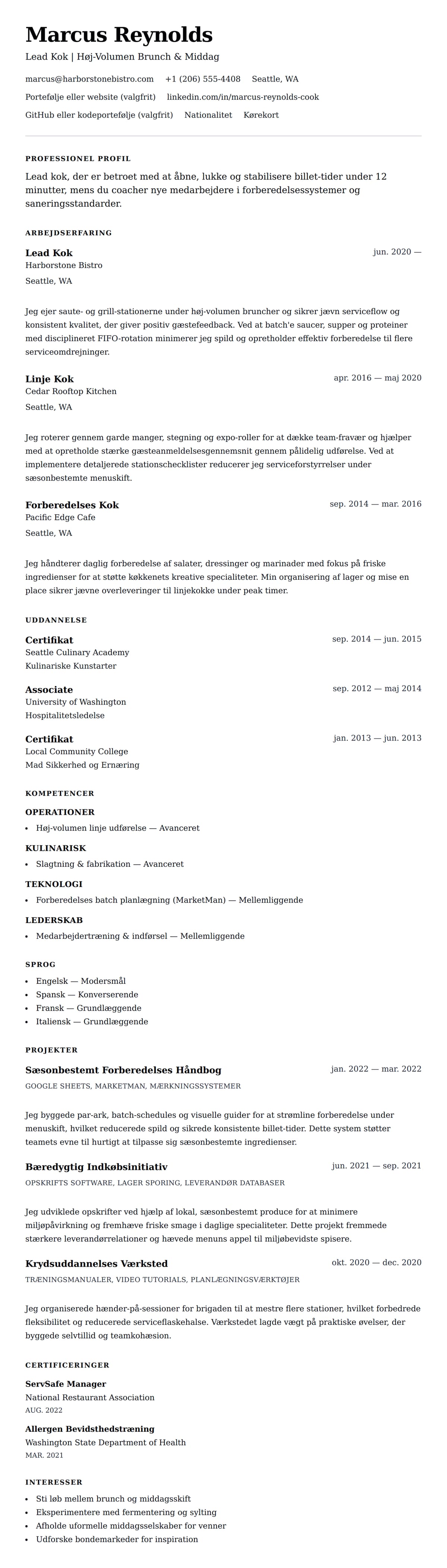 CV-forhåndsvisning for Kok CV Eksempel