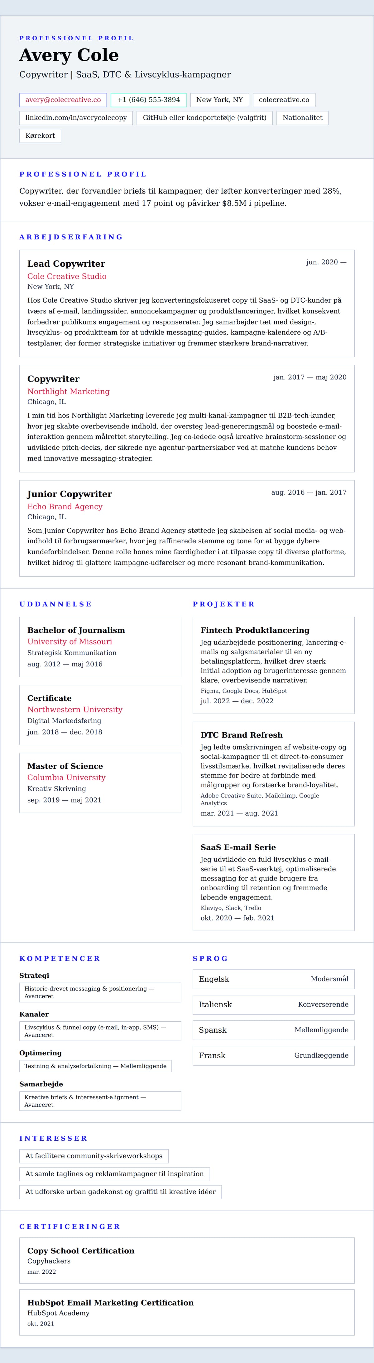 CV-forhåndsvisning for Copywriter CV Eksempel