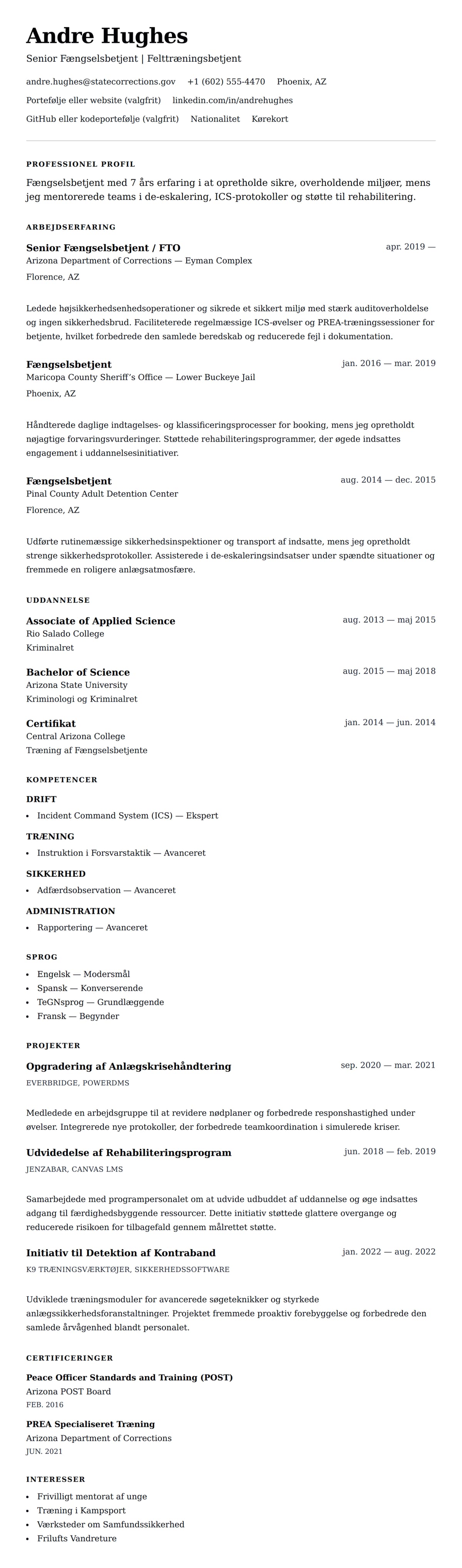 CV-forhåndsvisning for Eksempel på CV for Fængselsbetjent