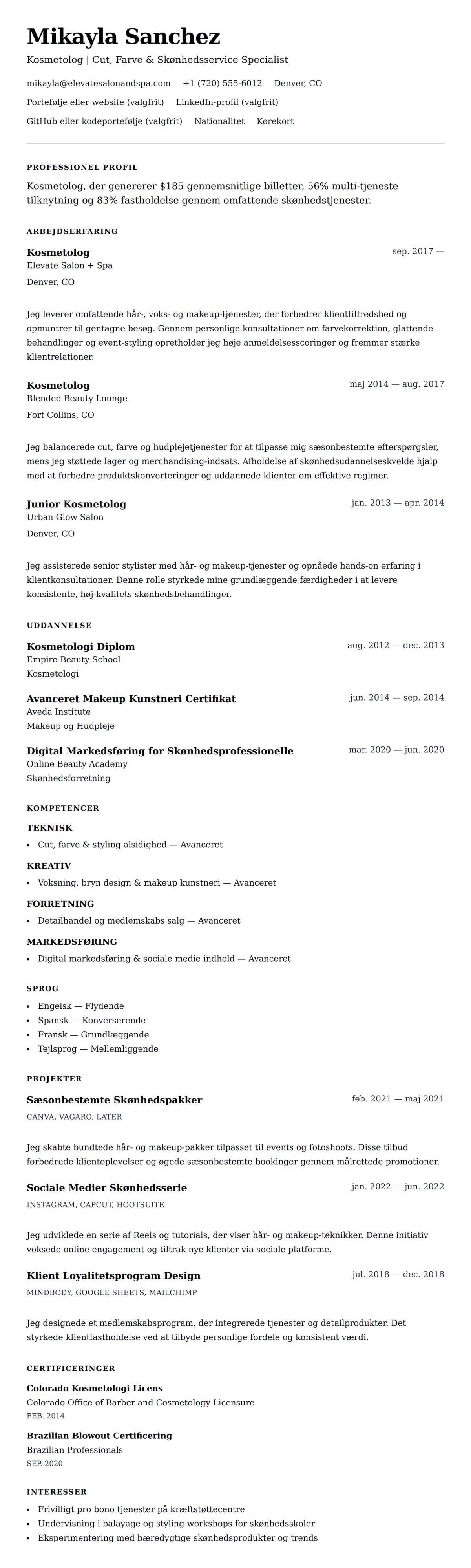 CV-forhåndsvisning for Kosmetolog CV Eksempel