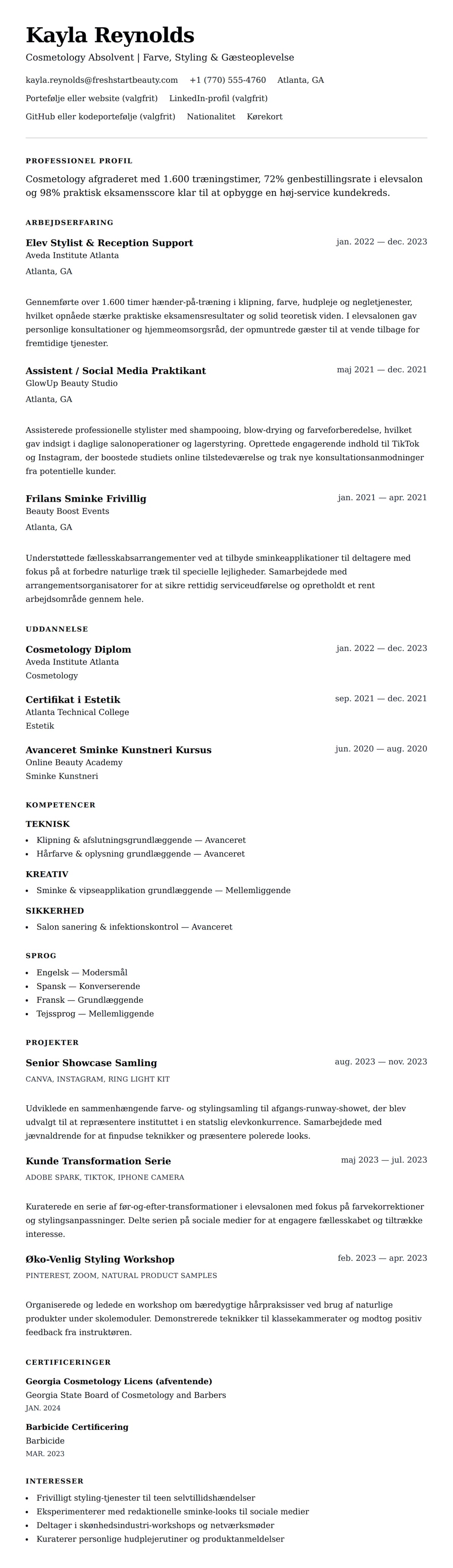 CV-forhåndsvisning for Cosmetology Absolvent CV Eksempel