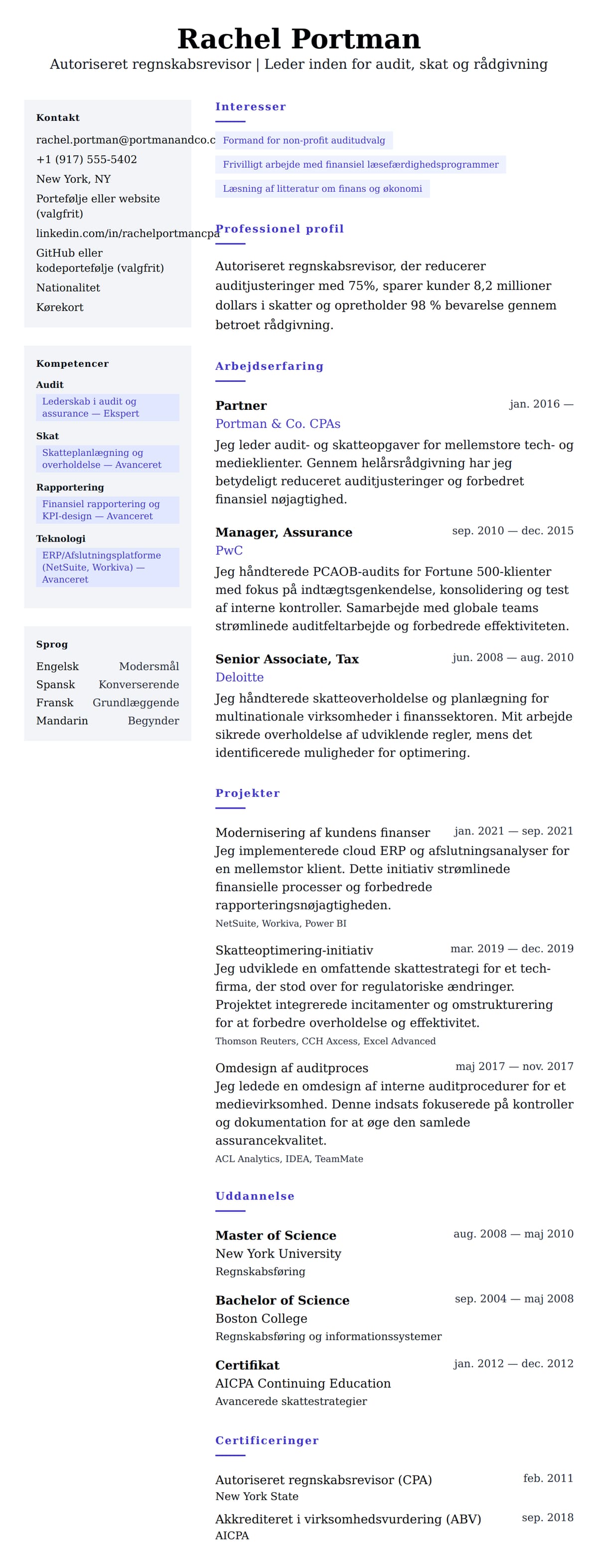 CV-forhåndsvisning for Eksempel på CV for autoriseret regnskabsrevisor