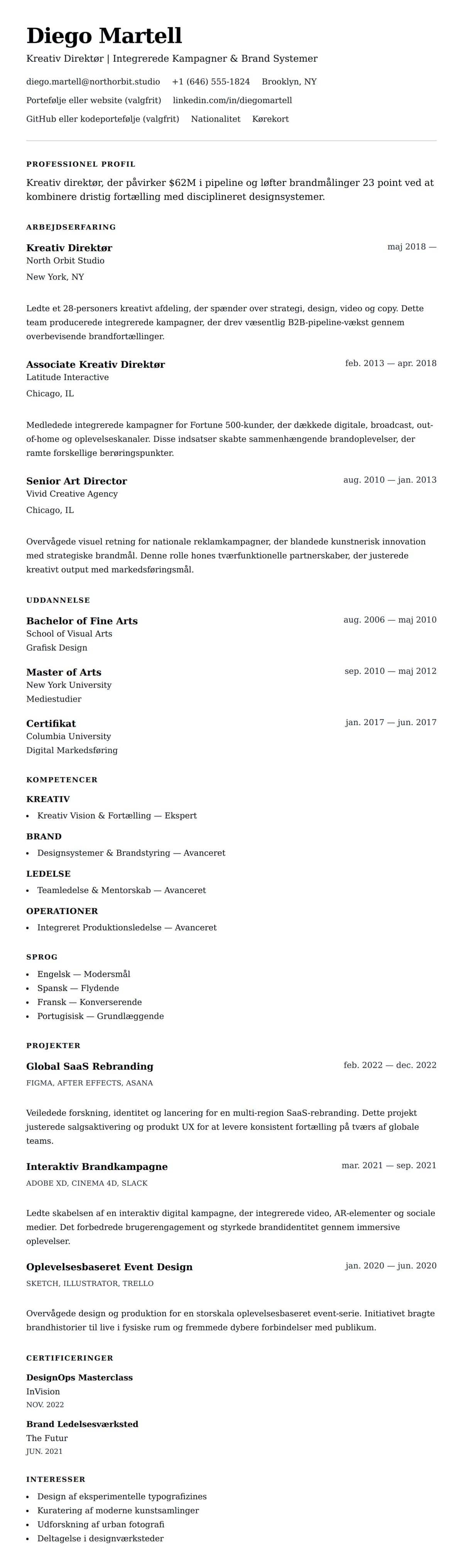 CV-forhåndsvisning for Kreativ Direktør CV Eksempel