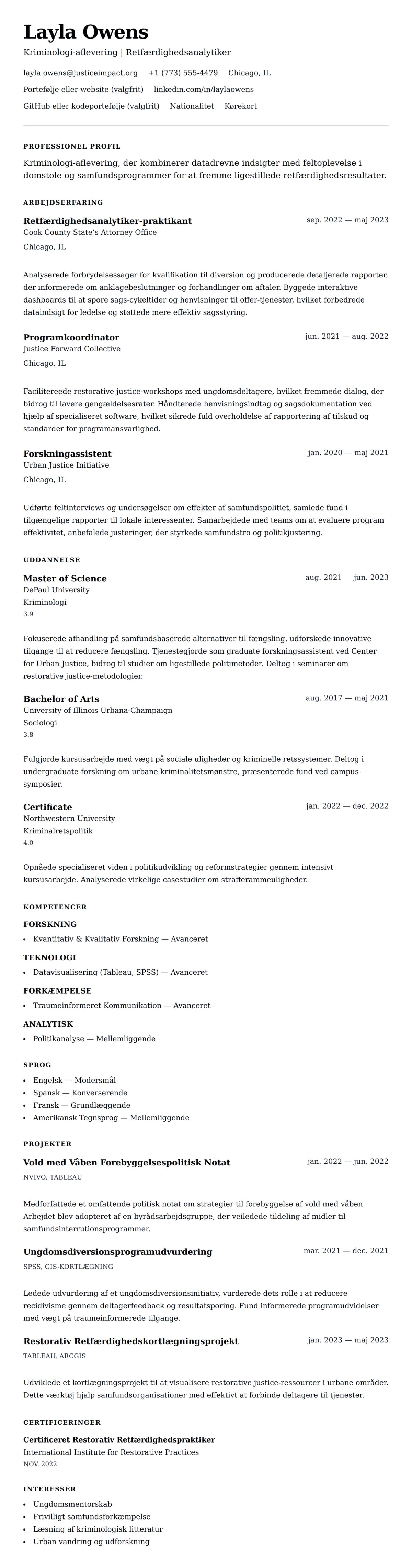 CV-forhåndsvisning for Kriminologi-afleverings CV-eksempel