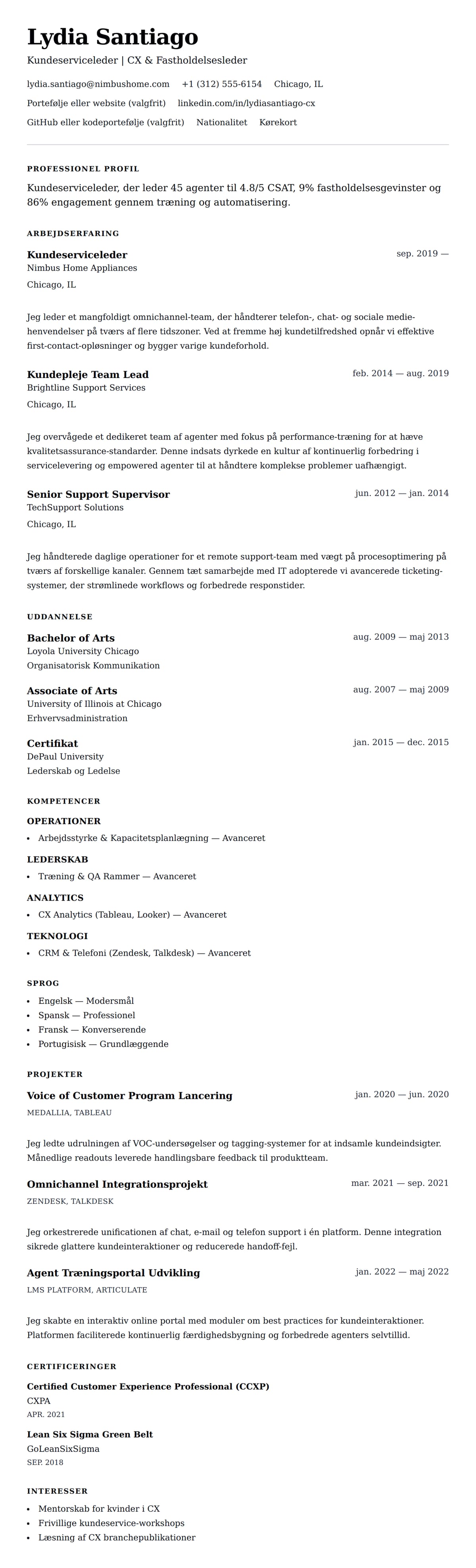 CV-forhåndsvisning for Kundeserviceleder CV-eksempel