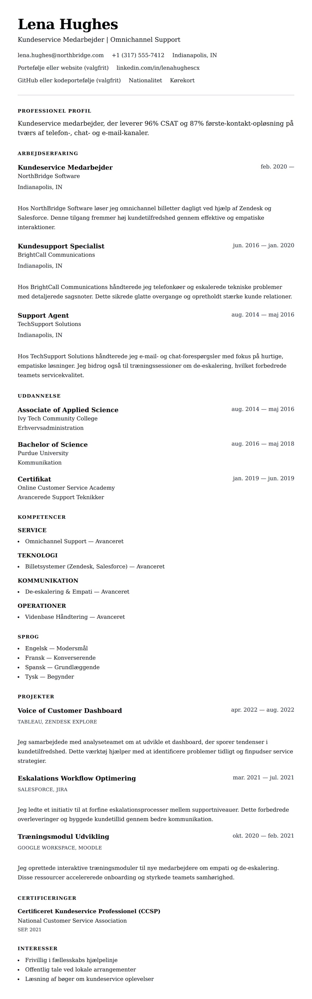 CV-forhåndsvisning for Kundeservice Medarbejder CV Eksempel