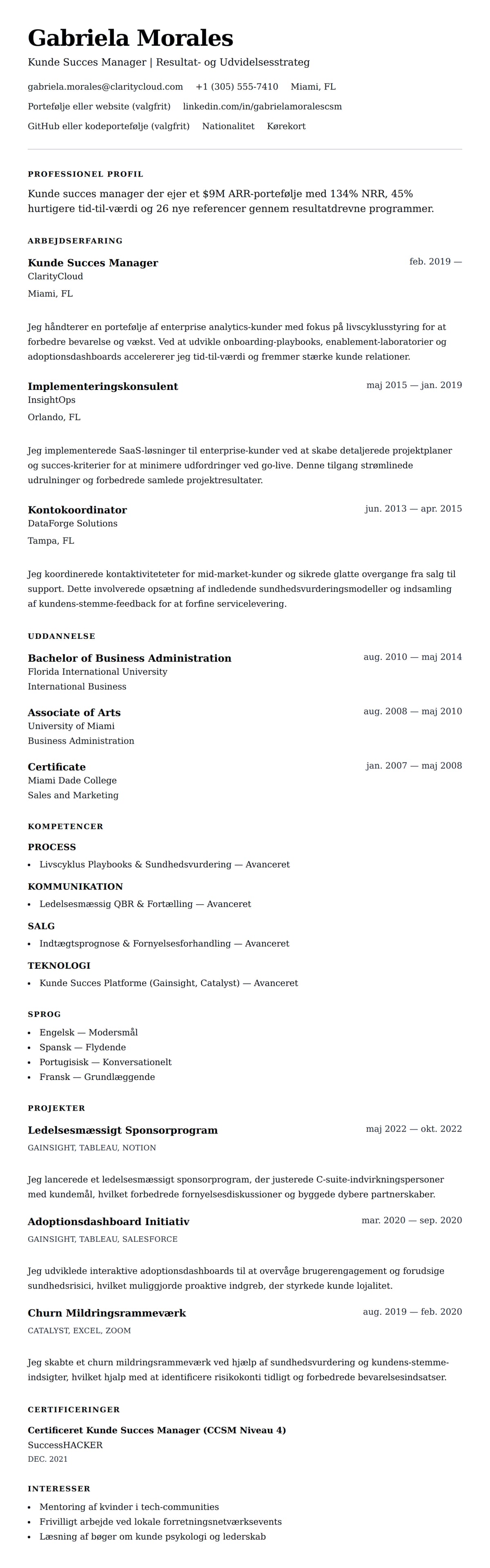 CV-forhåndsvisning for Kunde Succes Manager CV Eksempel