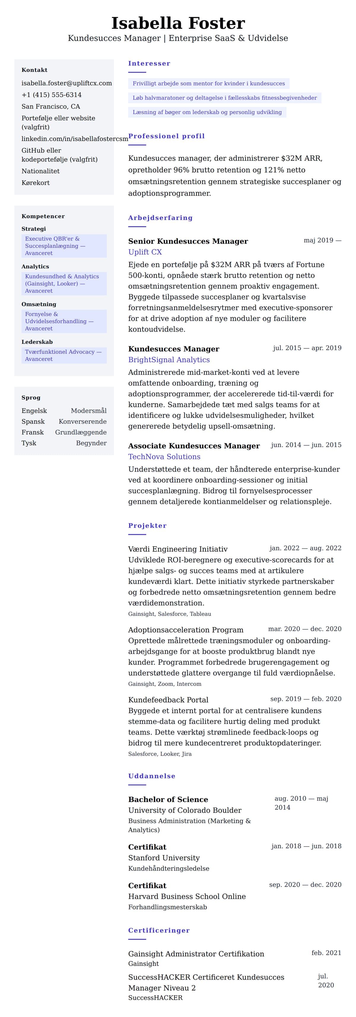 CV-forhåndsvisning for Kundesucces Manager CV Eksempel
