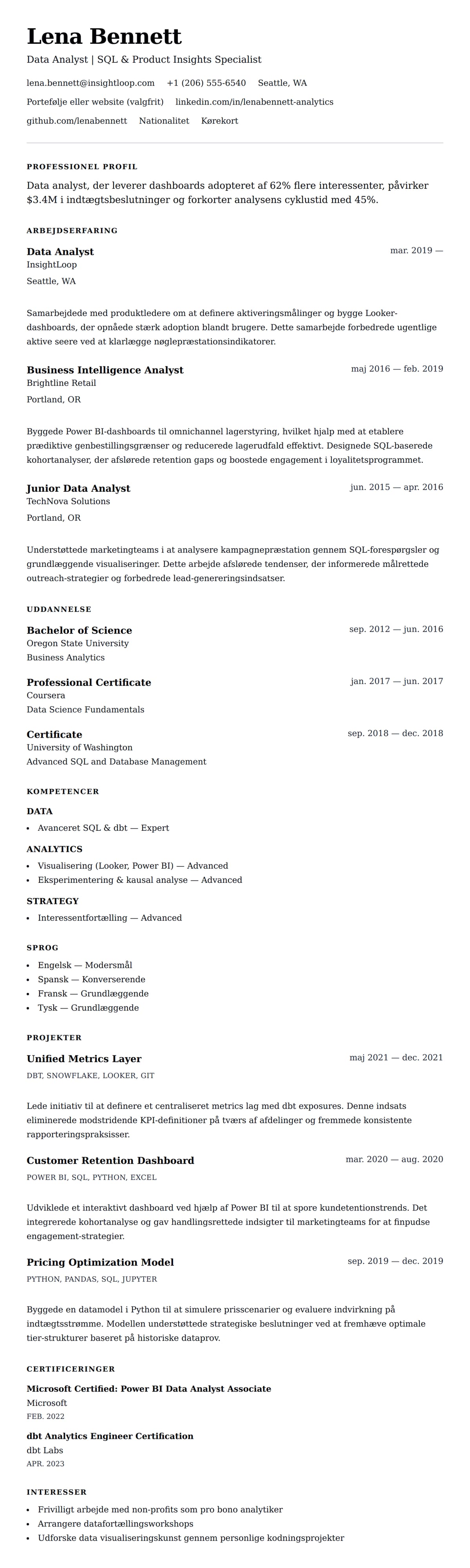 CV-forhåndsvisning for Data Analyst CV Eksempel