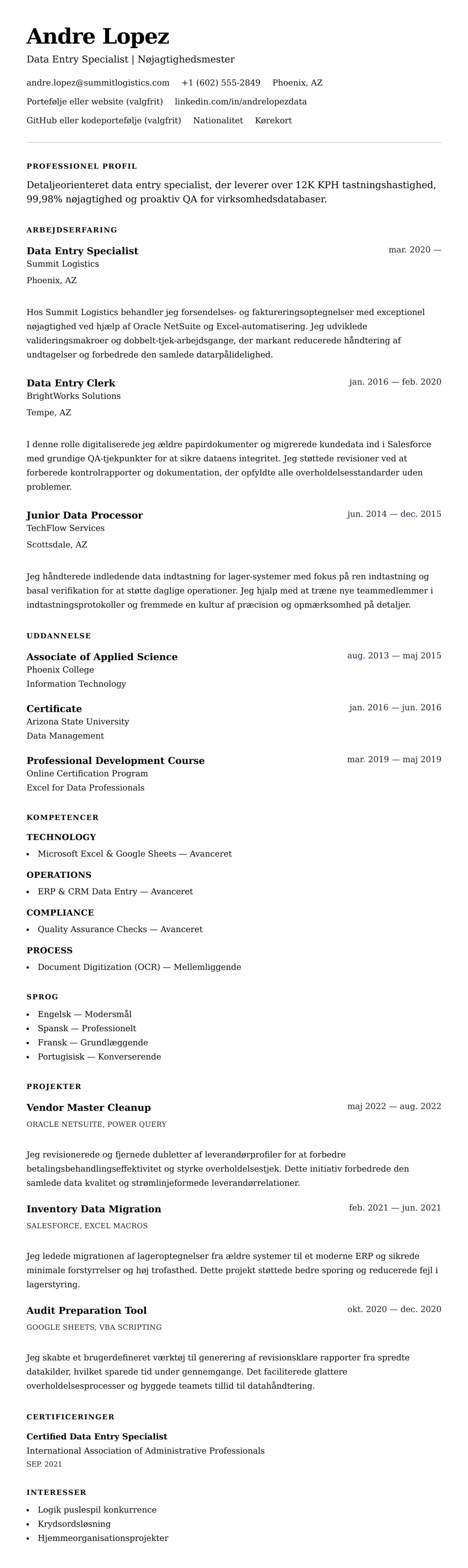 CV-forhåndsvisning for Data Entry Specialist CV-eksempel