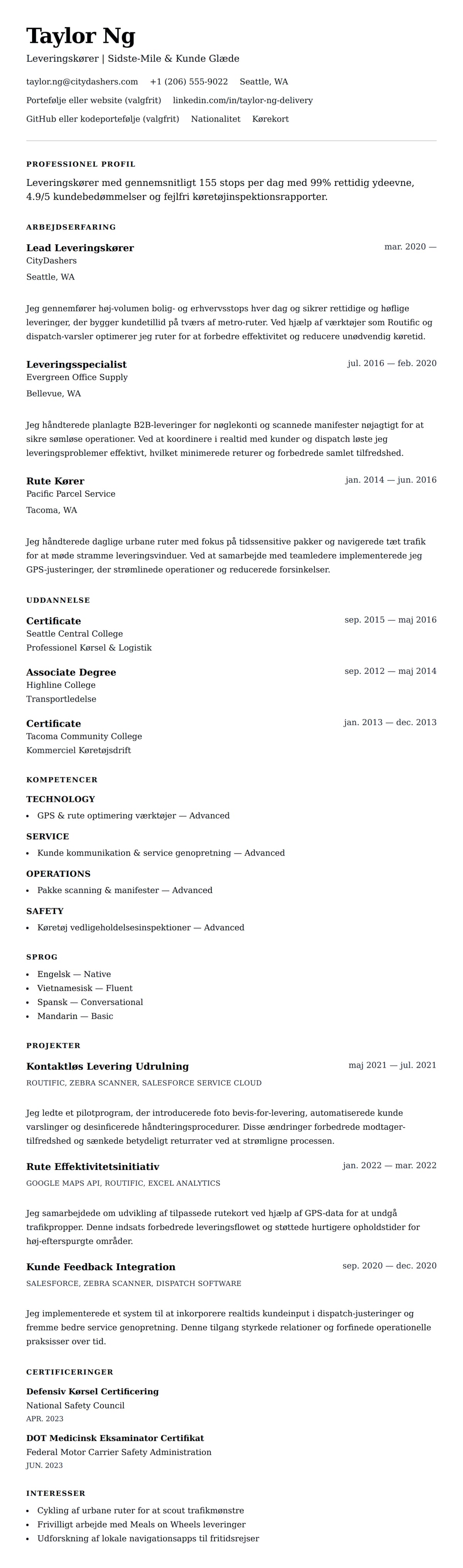 CV-forhåndsvisning for Leveringskører CV Eksempel