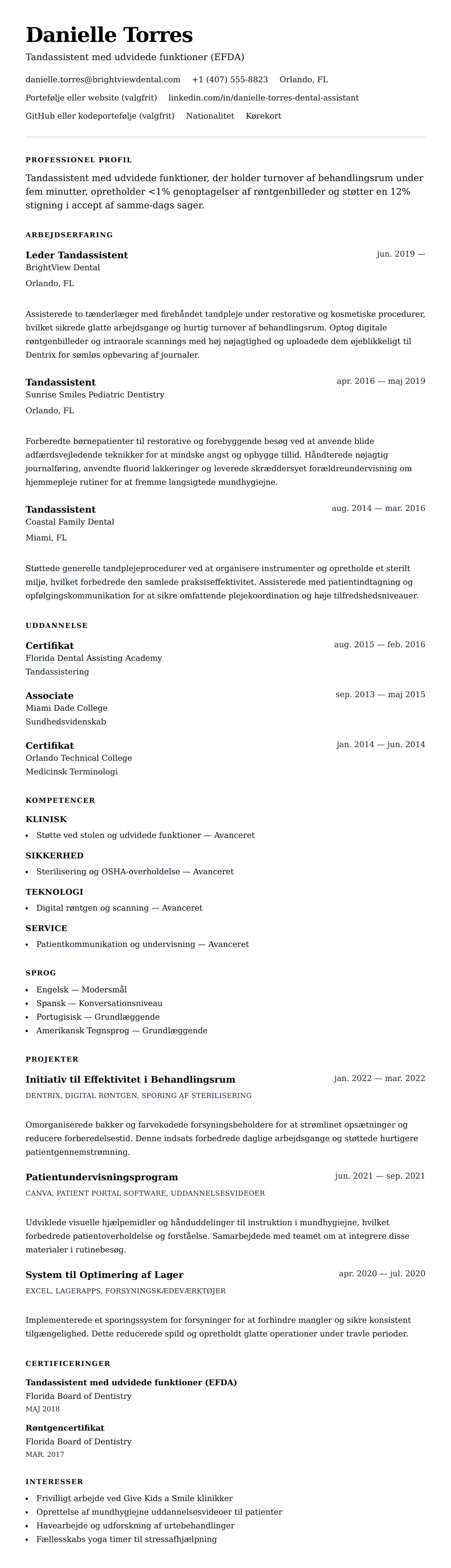 CV-forhåndsvisning for Tandassistent CV Eksempel