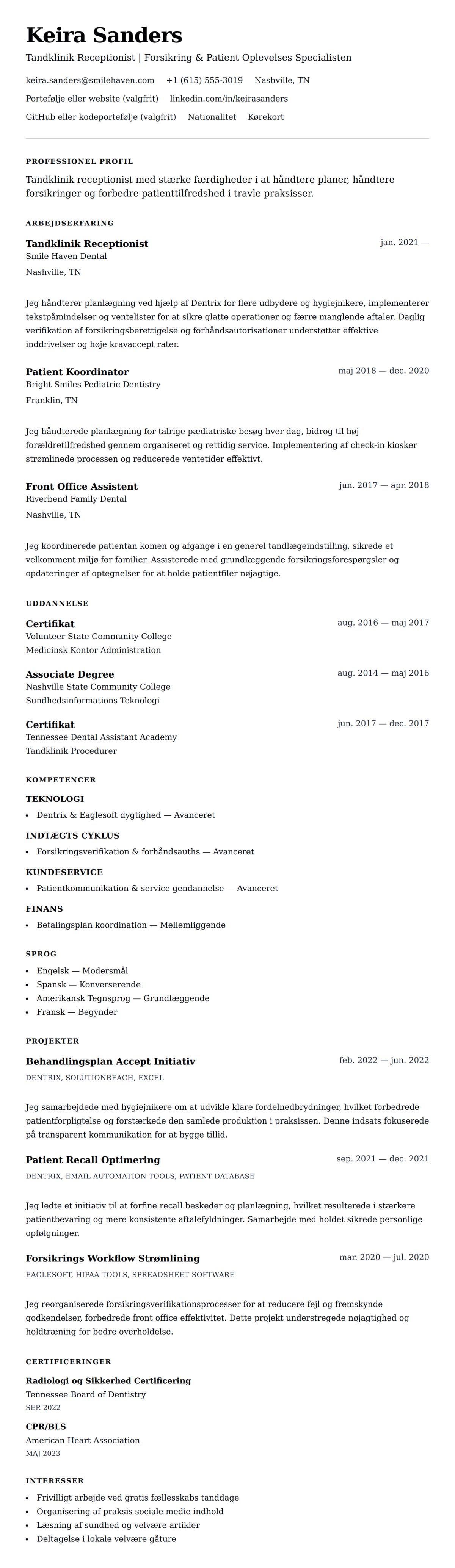 CV-forhåndsvisning for Tandklinik Receptionist CV Eksempel