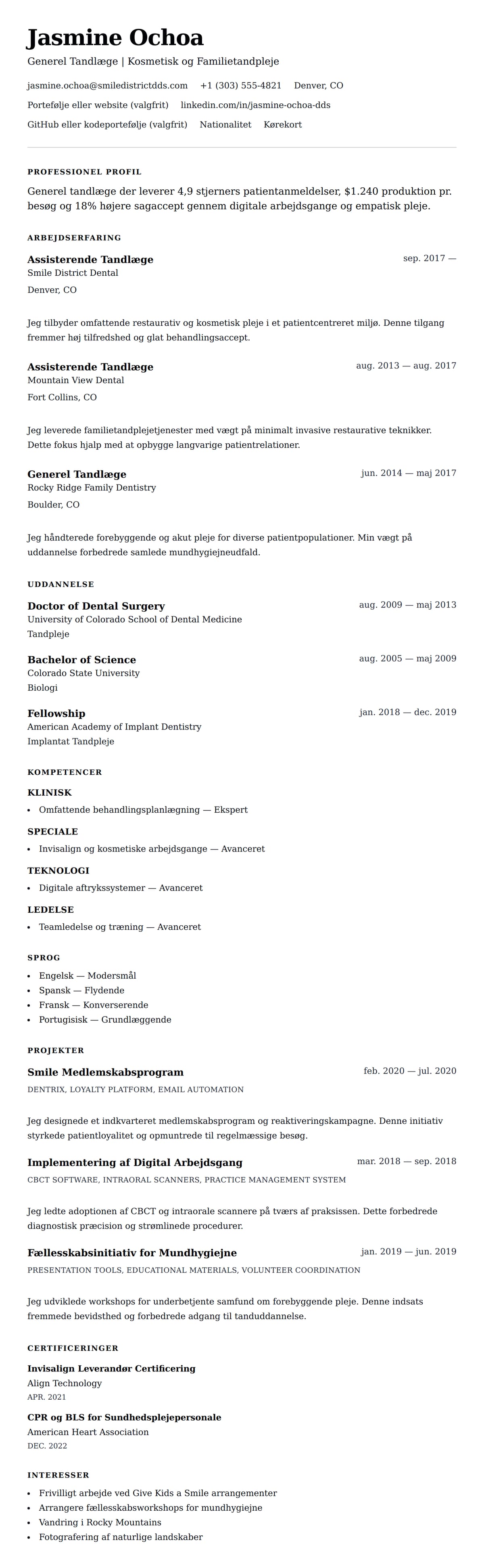 CV-forhåndsvisning for Tandlæge CV Eksempel