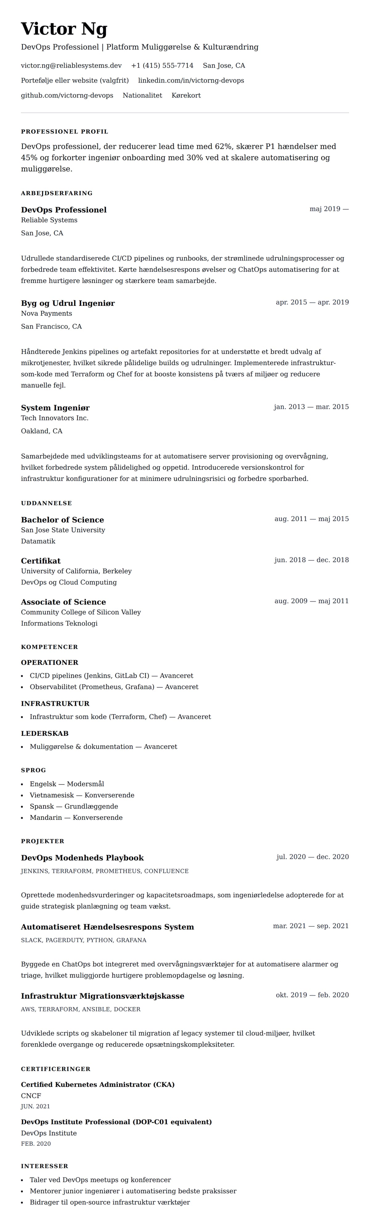 CV-forhåndsvisning for DevOps Professionel CV Eksempel