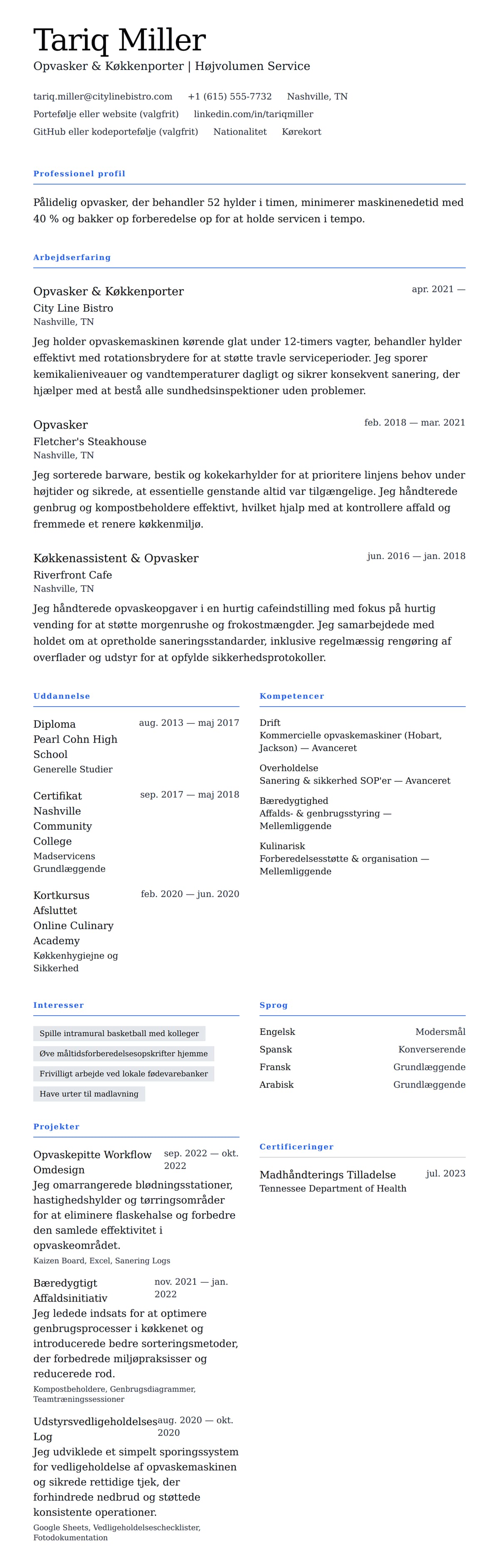CV-forhåndsvisning for Opvasker CV Eksempel