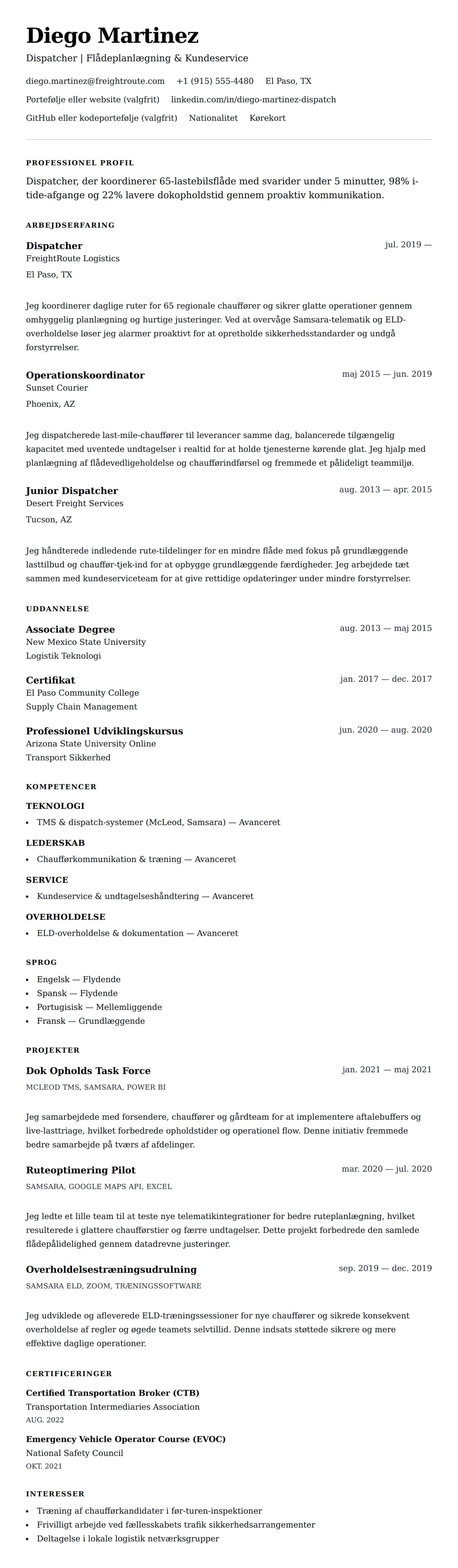 CV-forhåndsvisning for Dispatcher CV Eksempel