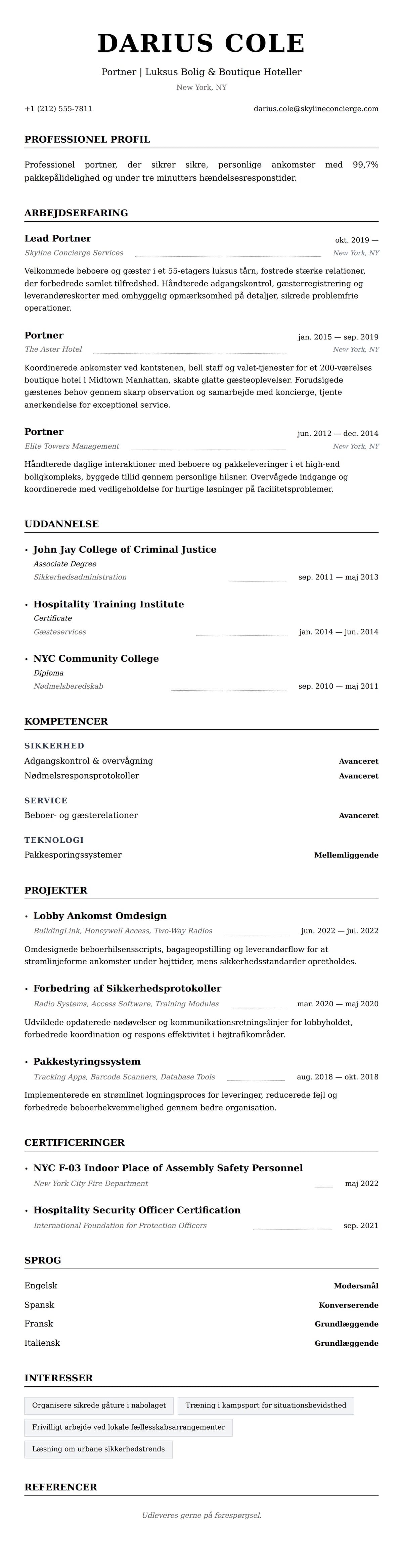 CV-forhåndsvisning for Portner CV Eksempel