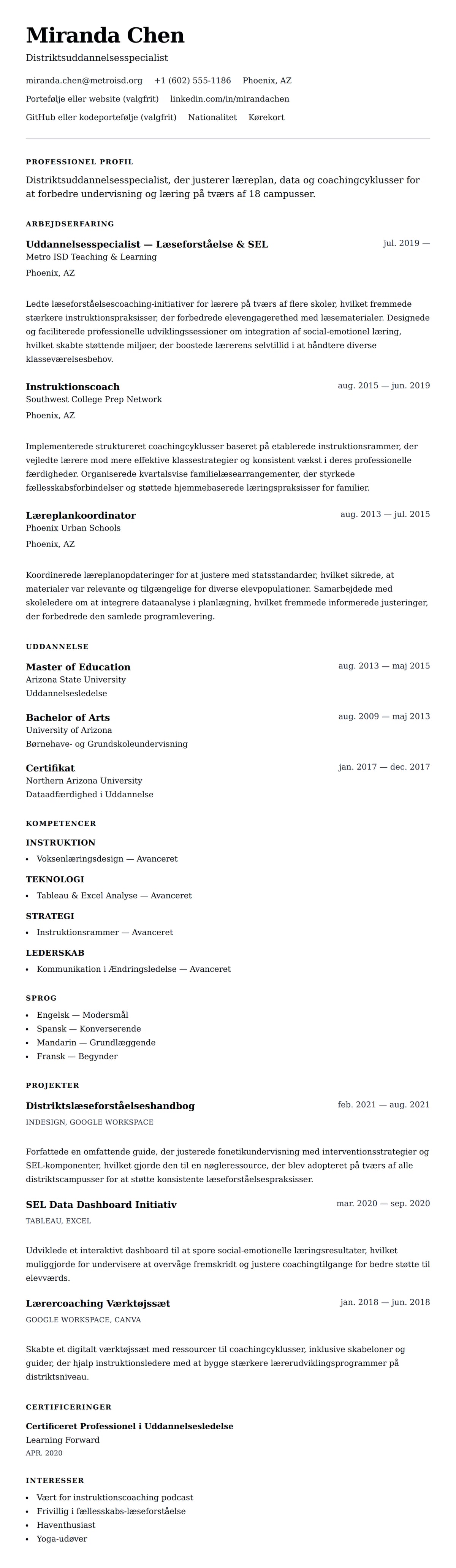 CV-forhåndsvisning for Eksempel på CV for Uddannelsesspecialist