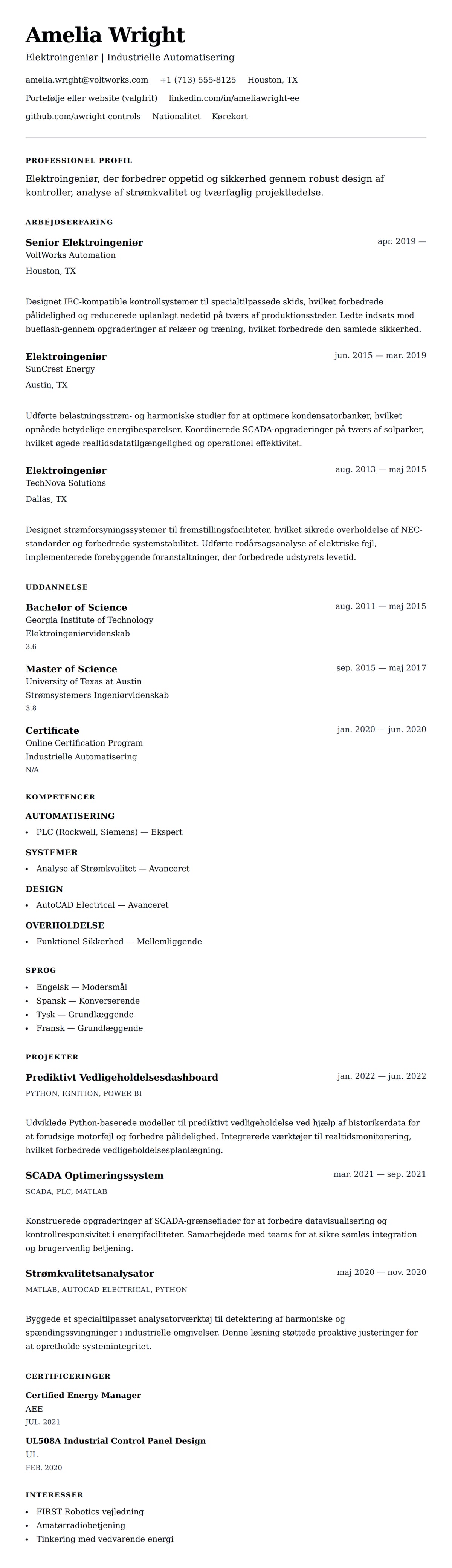 CV-forhåndsvisning for Elektroingeniør CV Eksempel