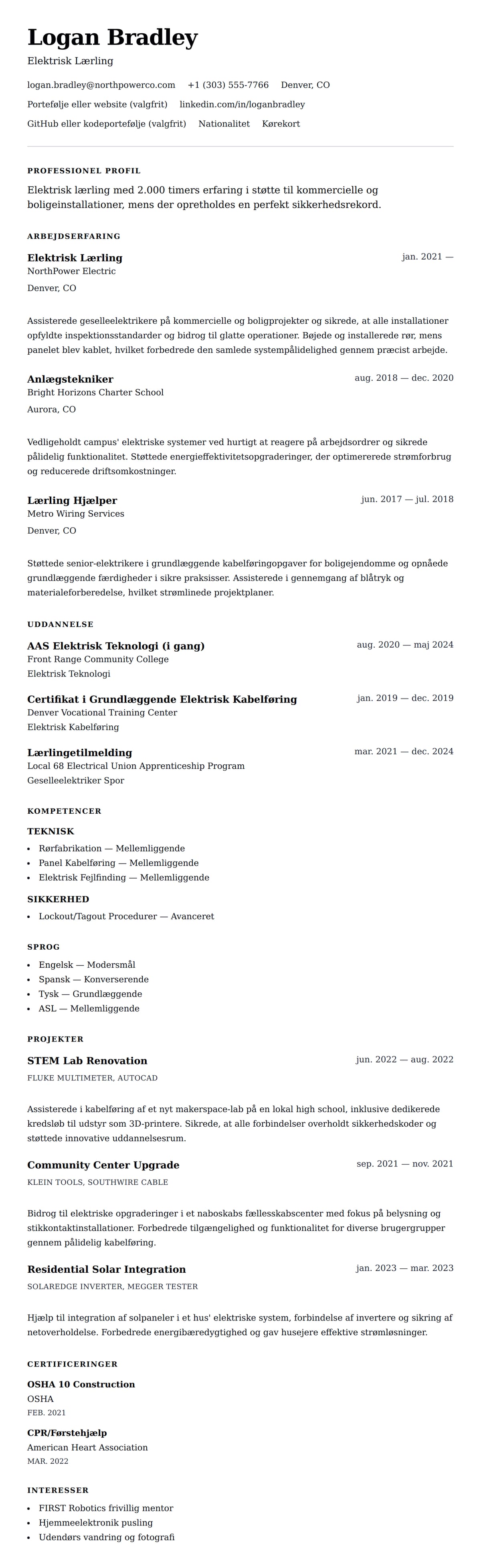 CV-forhåndsvisning for Elektriker Lærling CV Eksempel