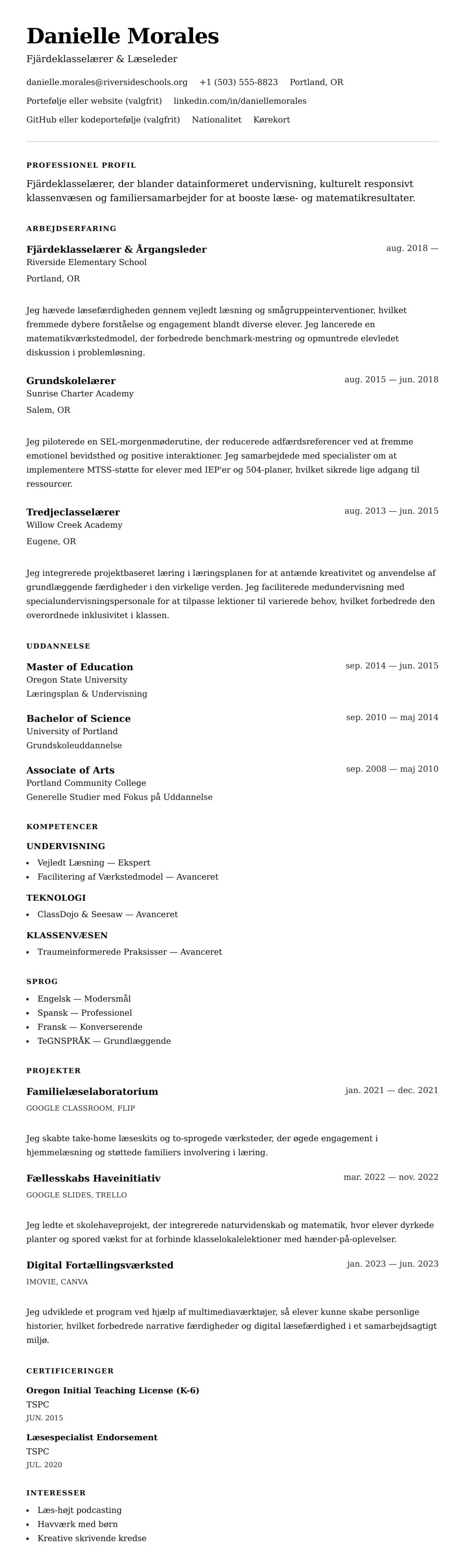 CV-forhåndsvisning for Eksempel på CV for Undervisningsassistent i Grundskolen