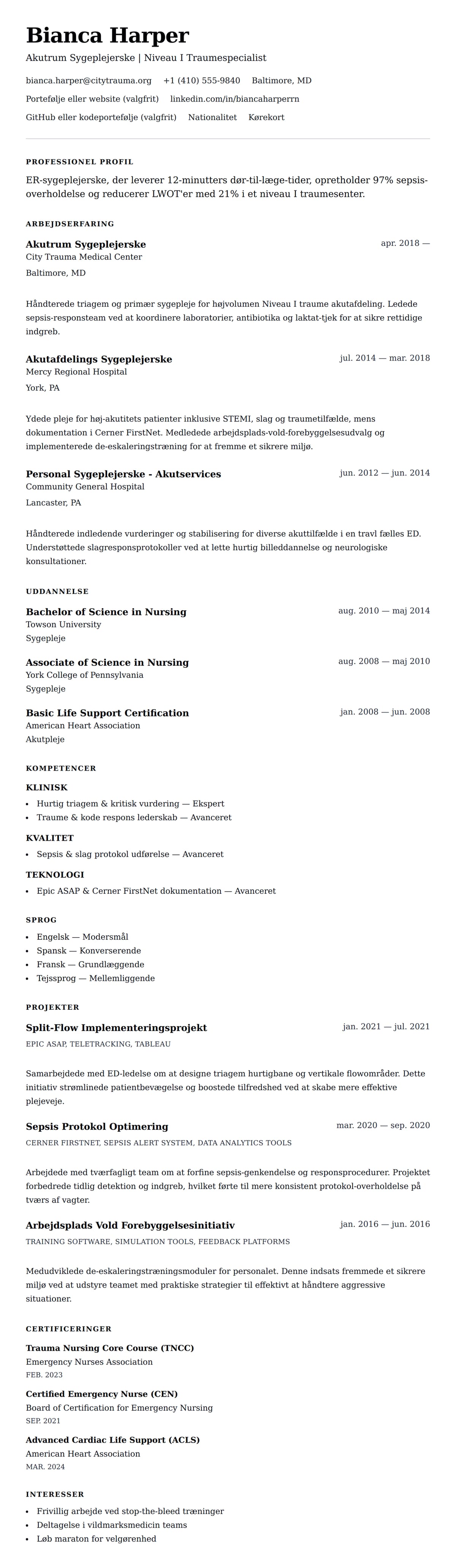 CV-forhåndsvisning for Akutrum (ER) Sygeplejerske CV Eksempel