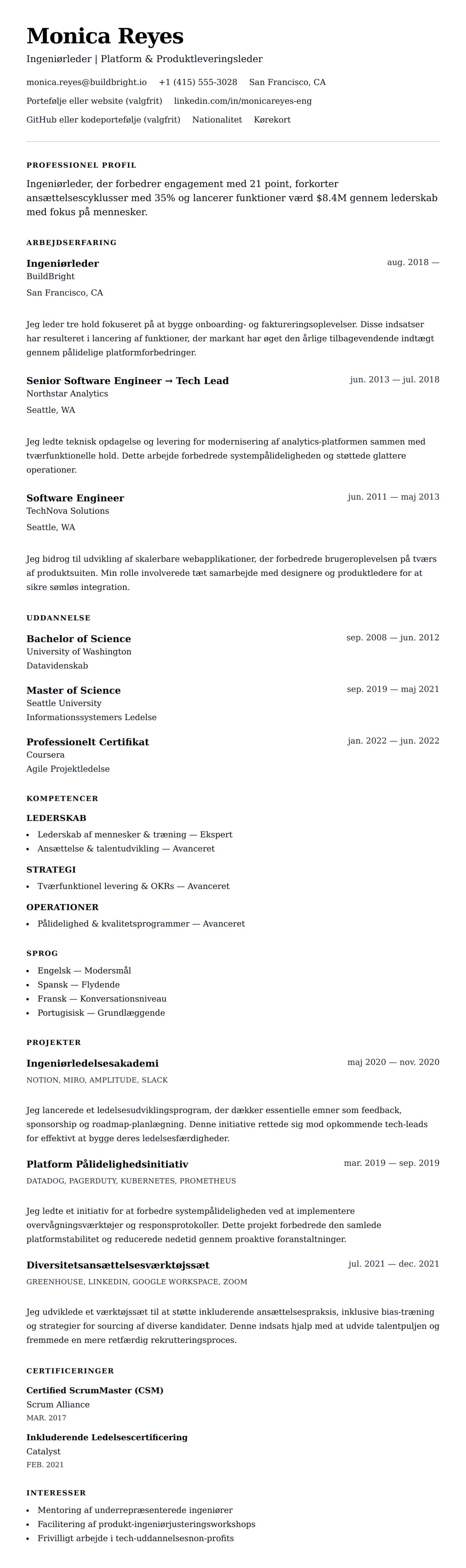 CV-forhåndsvisning for Ingeniørleder CV Eksempel