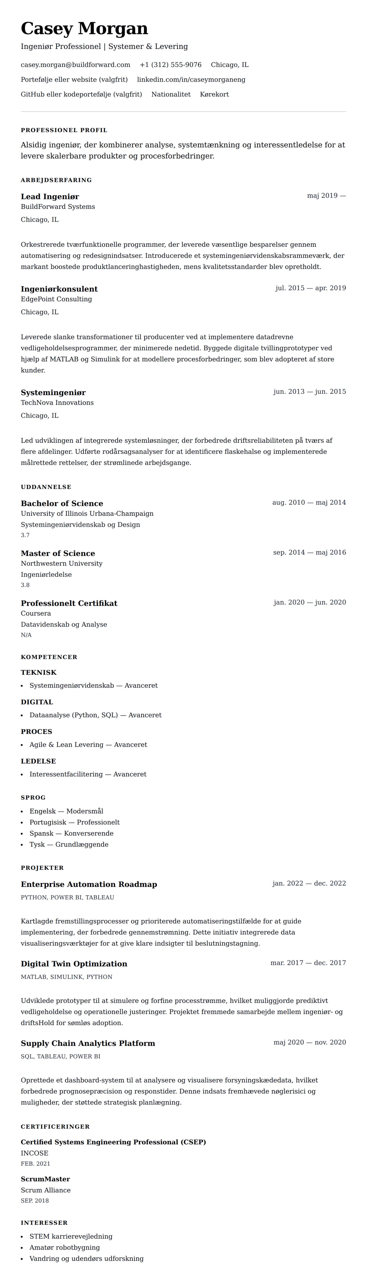 CV-forhåndsvisning for Eksempel på Ingeniør CV