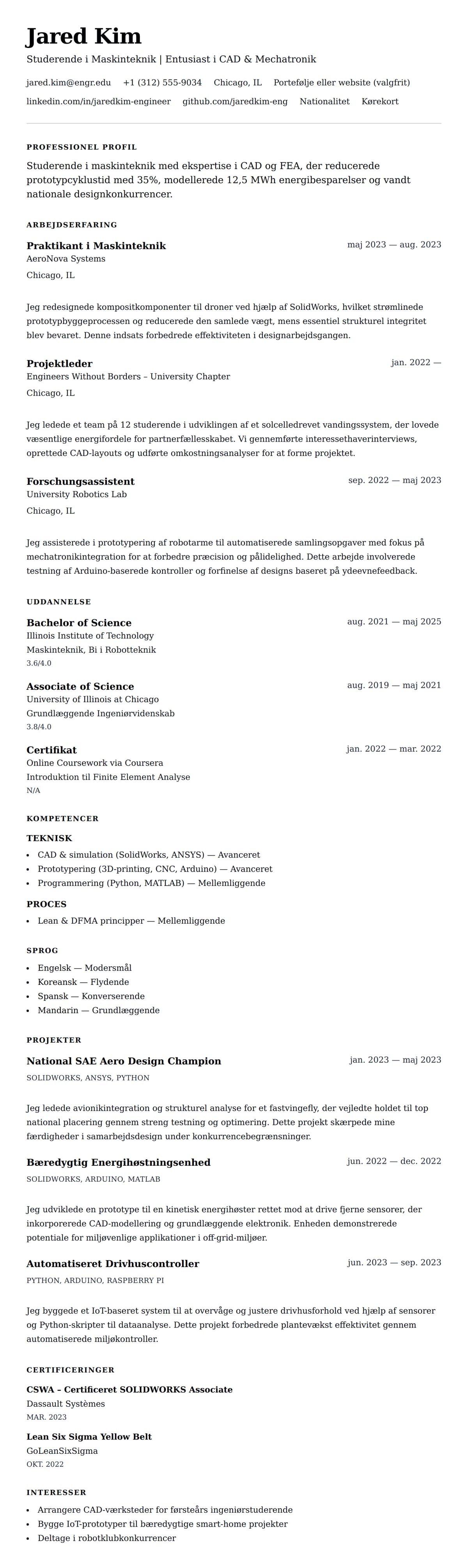 CV-forhåndsvisning for Eksempel på CV for Ingeniørstuderende