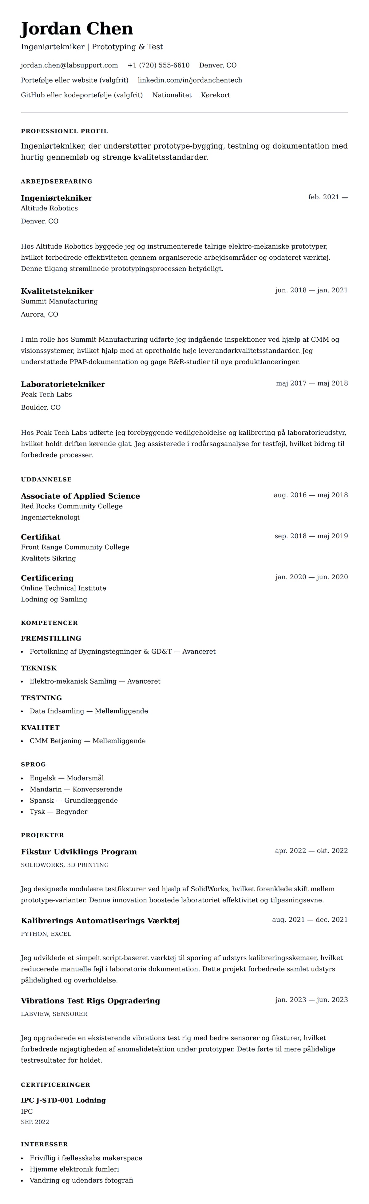 CV-forhåndsvisning for Tekniker CV Eksempel