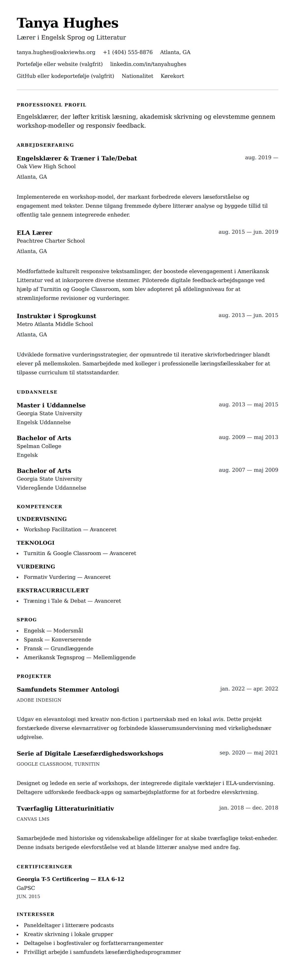 CV-forhåndsvisning for Eksempel på CV for Engelsklærer