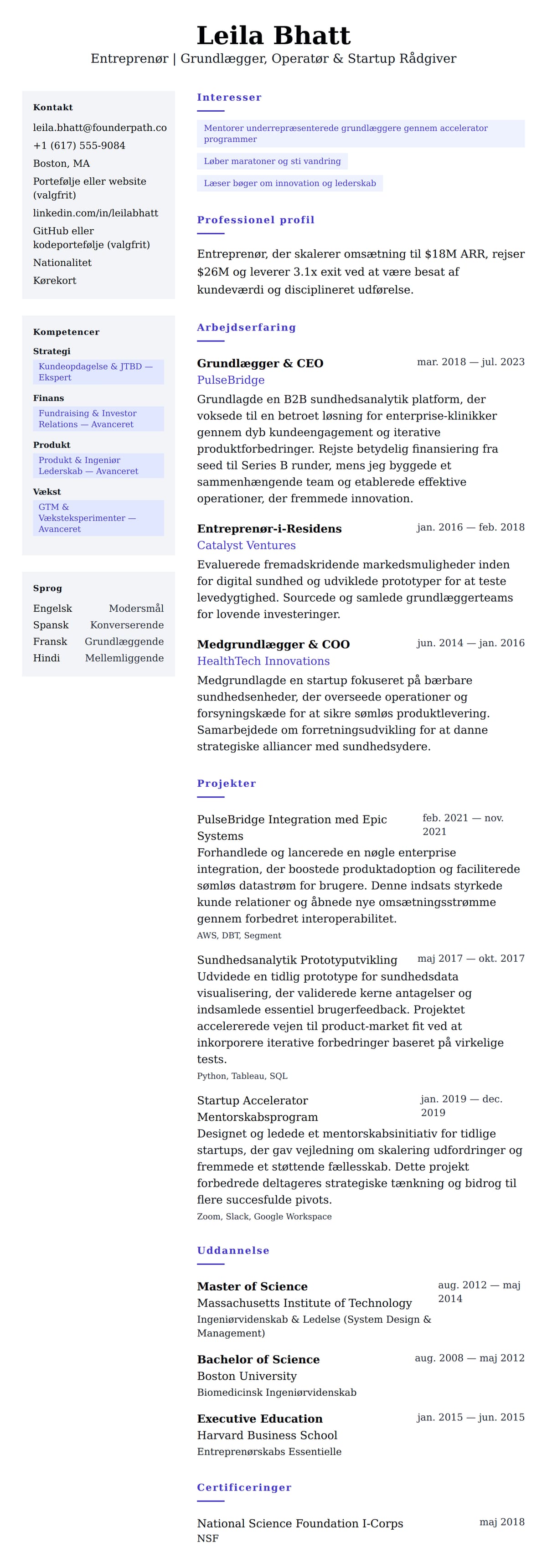 CV-forhåndsvisning for Entreprenør CV Eksempel