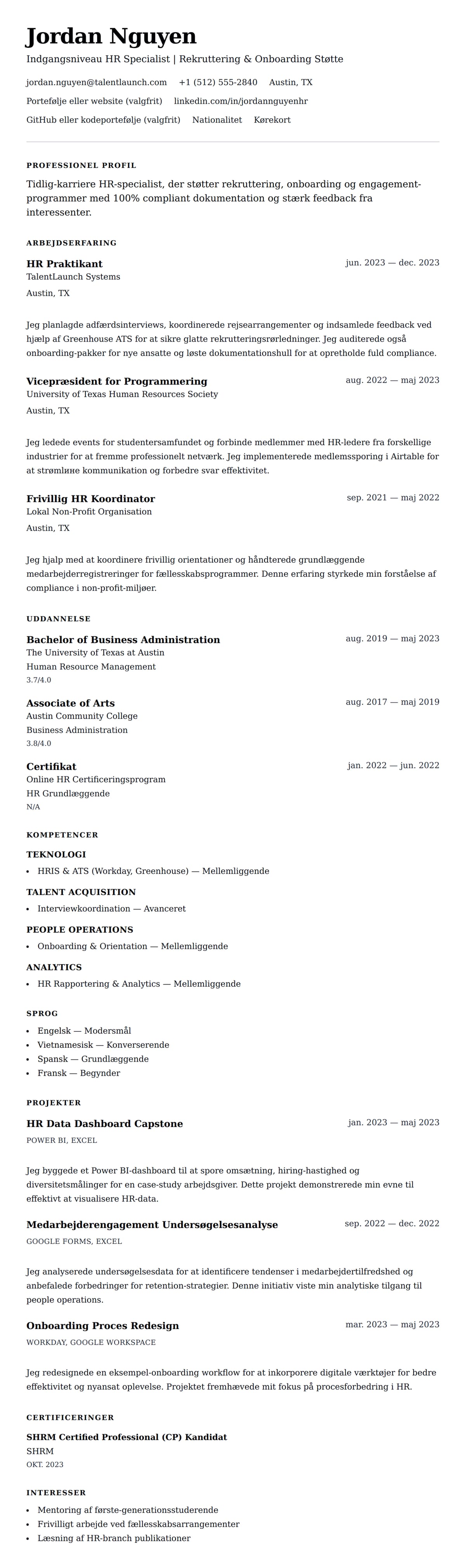 CV-forhåndsvisning for Indgangsniveau HR Specialist CV Eksempel